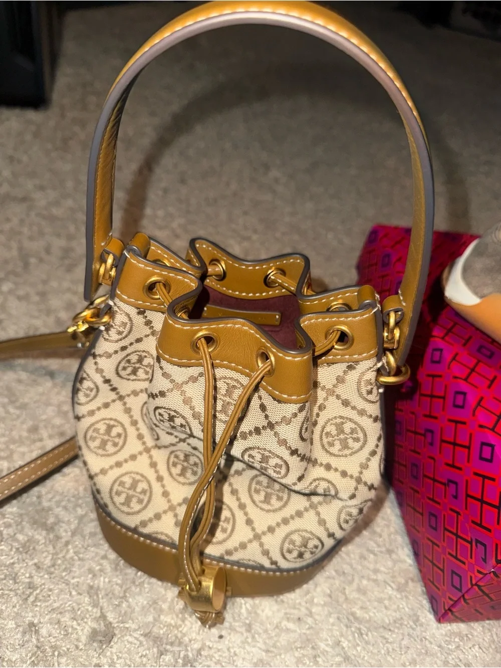Tory Burch Logo Suede & Canvas Sneakers & matching bucket-bag. Dust-bag too.